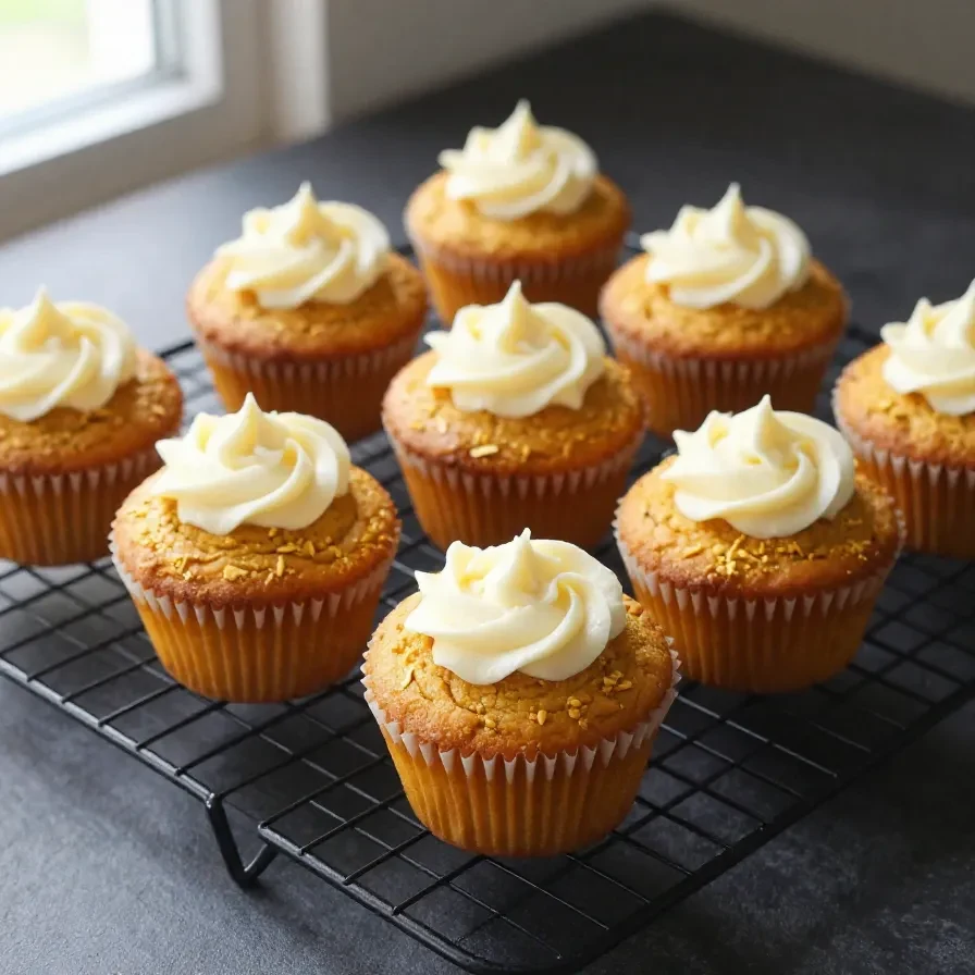 Close-up of freshly baked pumpkin cream cheese muffins on a wooden table.