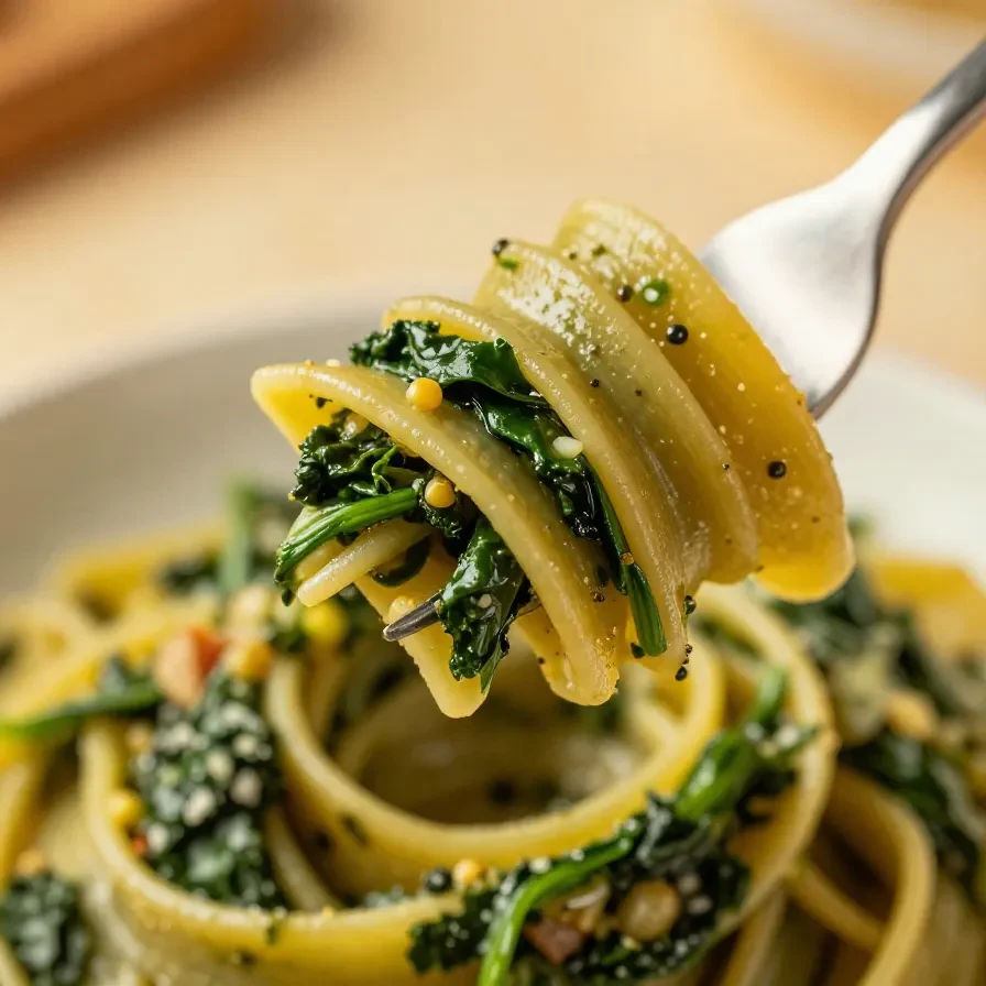 A plate of spinach pasta garnished with fresh basil and grated cheese, served on a wooden table.