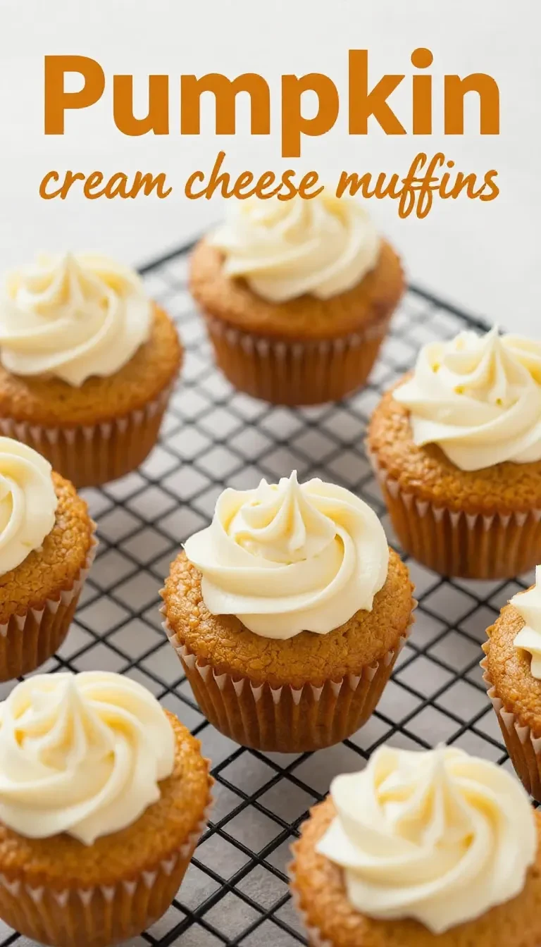 Close-up of freshly baked pumpkin cream cheese muffins on a wooden table.