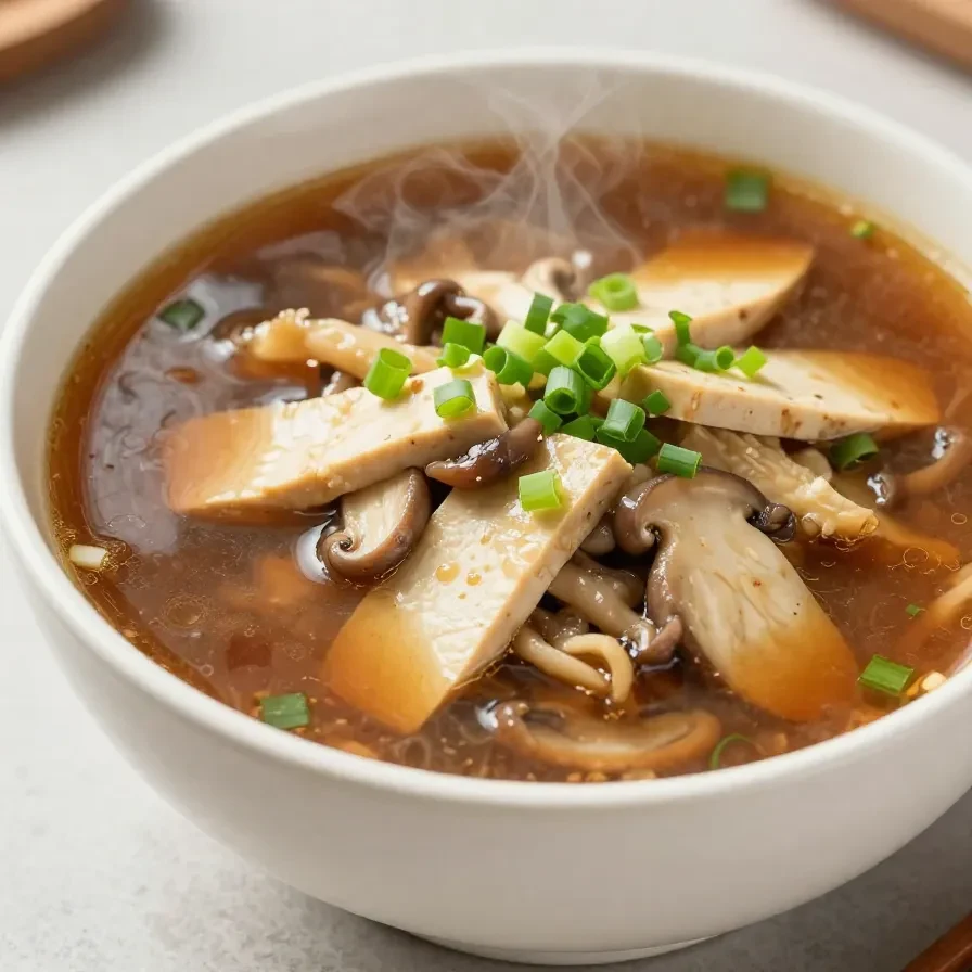 A bowl of classic hot and sour soup garnished with fresh green onions.