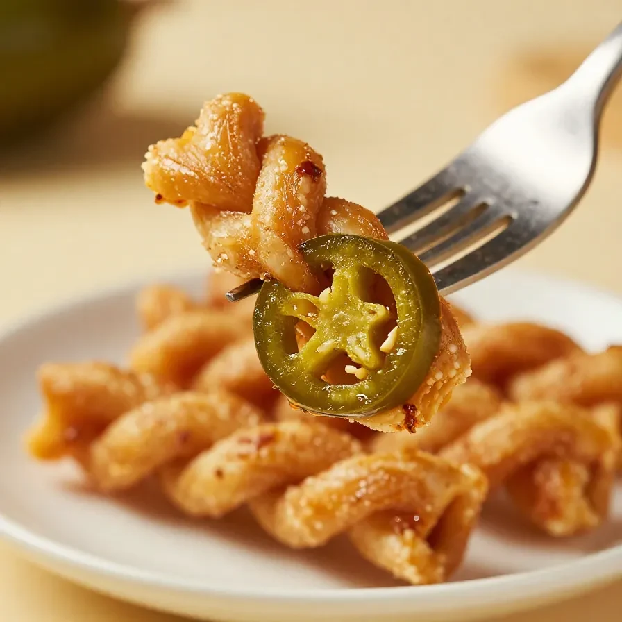A plate of golden-brown spicy jalapeño twists served as a snack for game night.