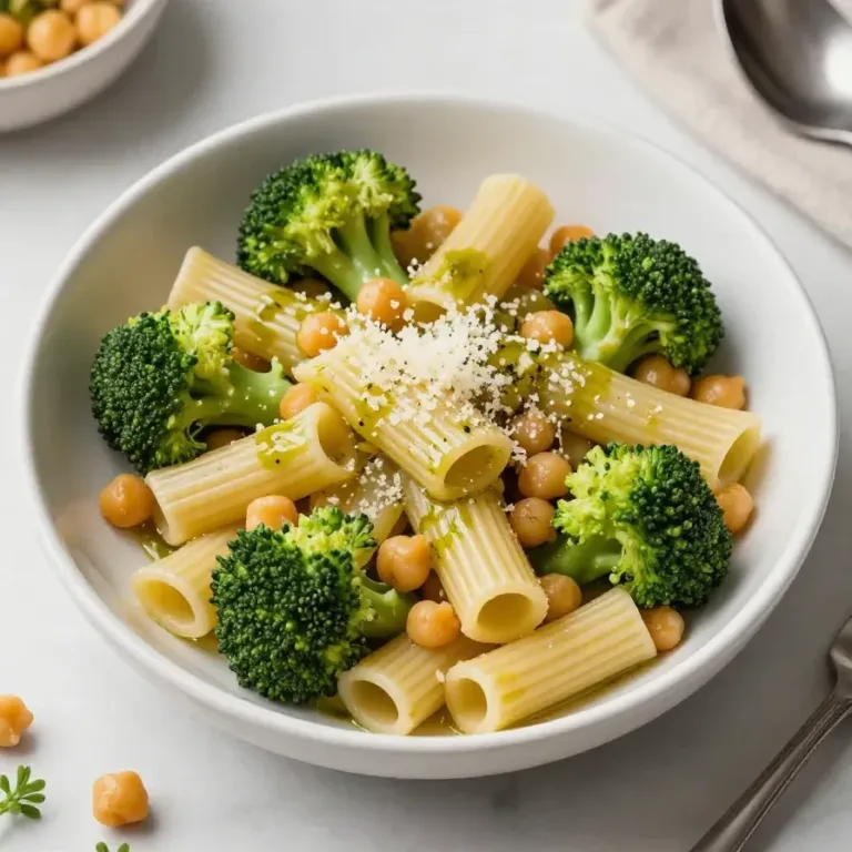 A plate of broccoli chickpea pasta served as a healthy vegetarian entree.