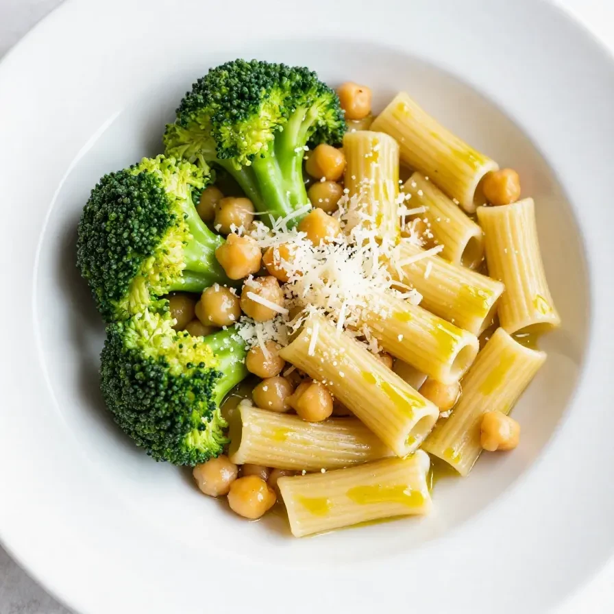 A plate of broccoli chickpea pasta served as a healthy vegetarian entree.