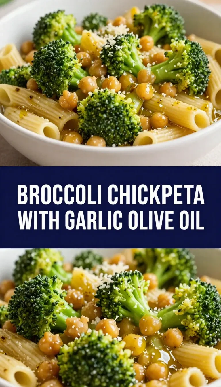 A plate of broccoli chickpea pasta served as a healthy vegetarian entree.