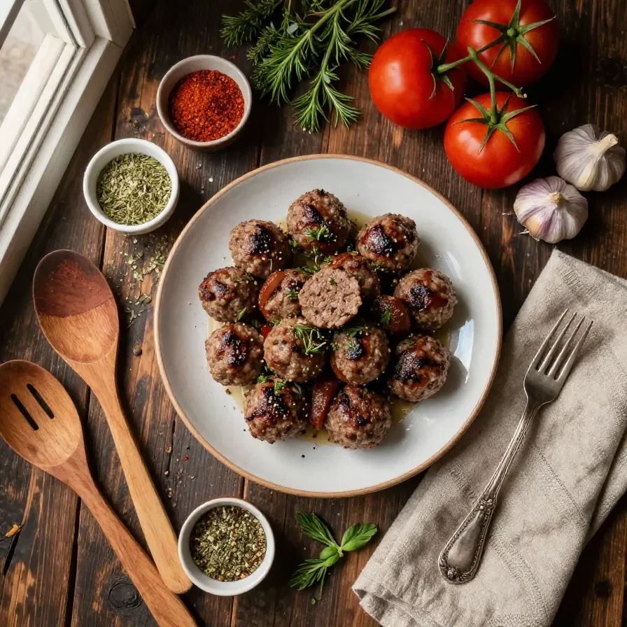 Close-up of smoked stuffed meatballs served on a plate with garnish.