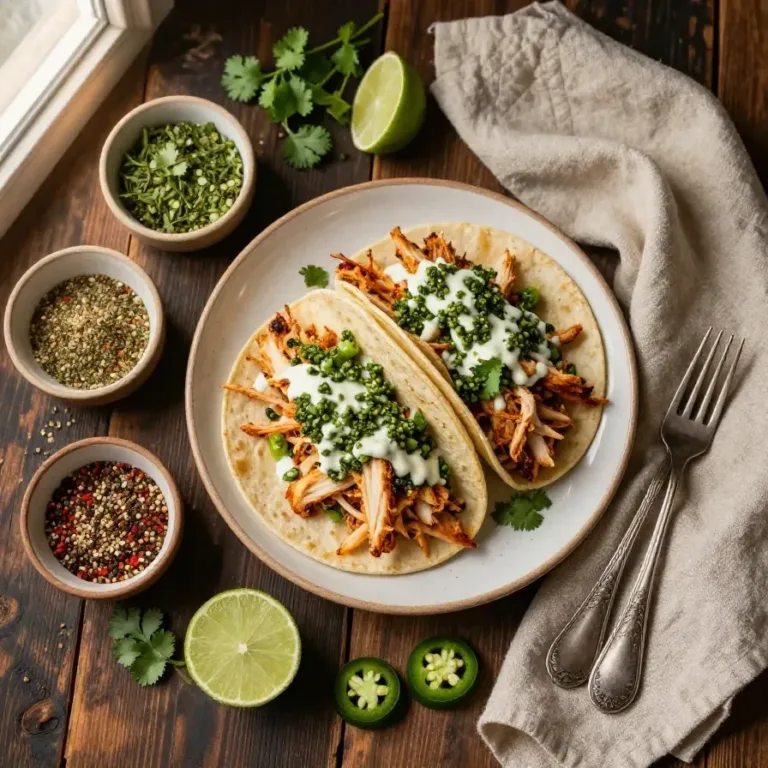 A plate of shredded chicken tacos topped with creamy chimichurri sauce and garnished with fresh herbs.