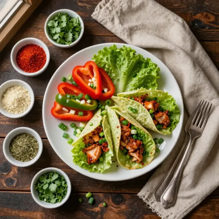 Buffalo chicken lettuce wraps served on a white plate with a side of ranch dressing.