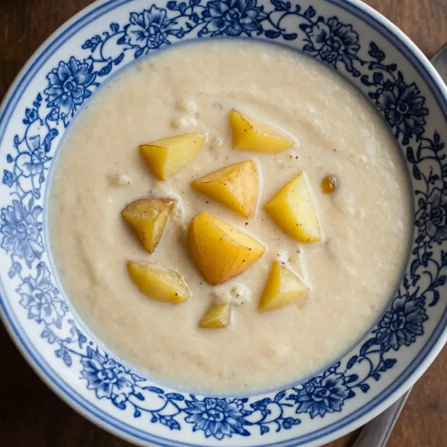 A bowl of creamy crockpot potato soup garnished with fresh rosemary and thyme.