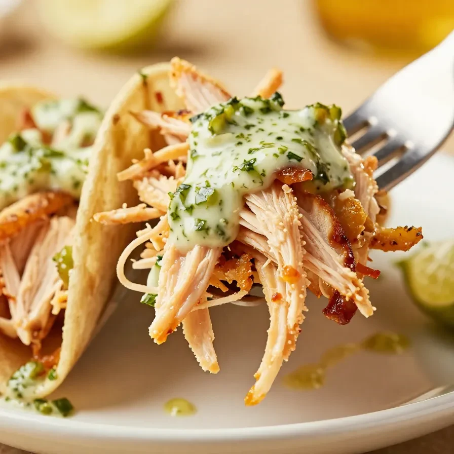A plate of shredded chicken tacos topped with creamy chimichurri sauce and garnished with fresh herbs.