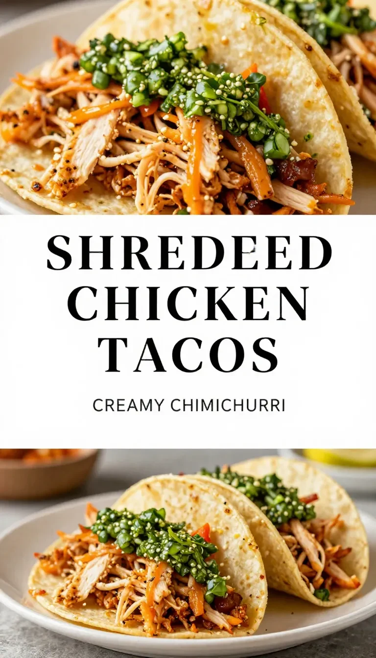 A plate of shredded chicken tacos topped with creamy chimichurri sauce and garnished with fresh herbs.