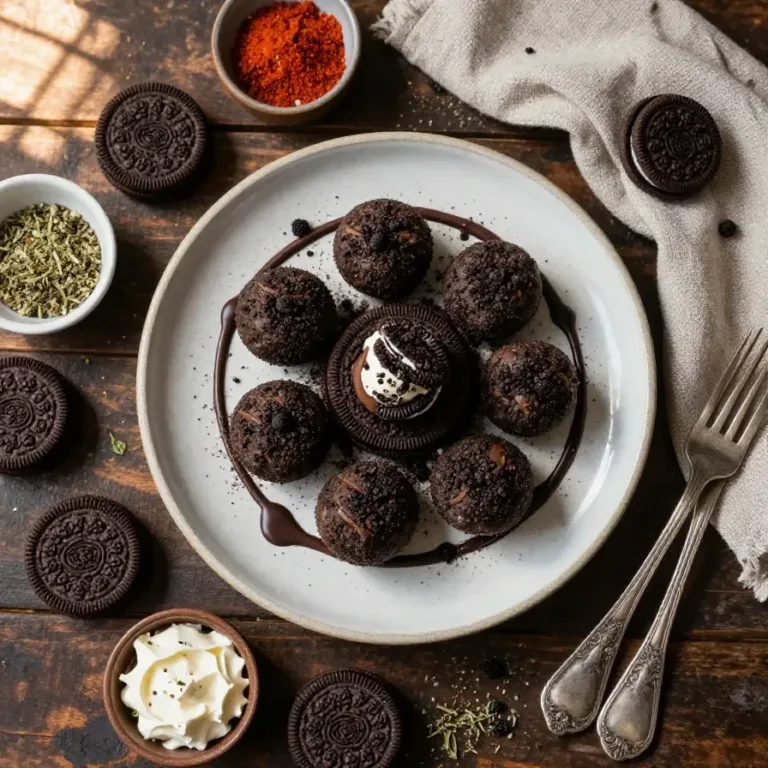 Close-up of Oreo balls coated in white chocolate on a plate.