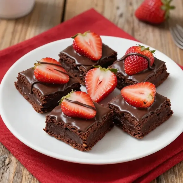 Chocolate Covered Strawberry Brownies A close-up of chocolate-covered strawberry brownies on a white plate.