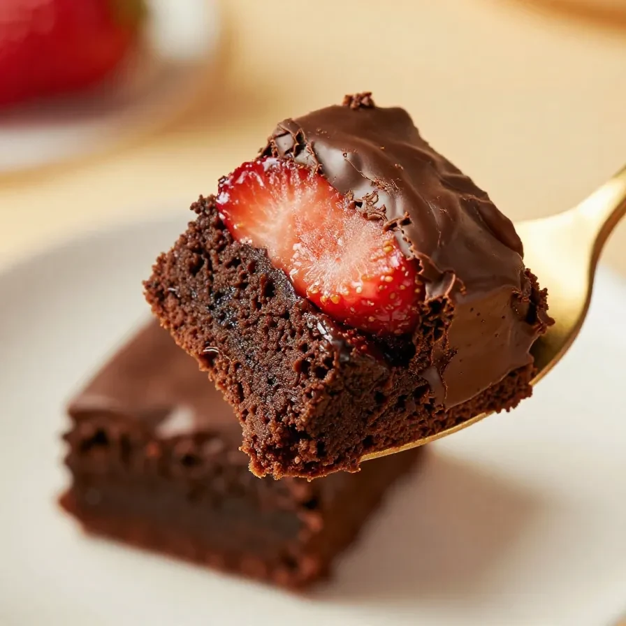 A close-up of chocolate-covered strawberry brownies on a white plate.