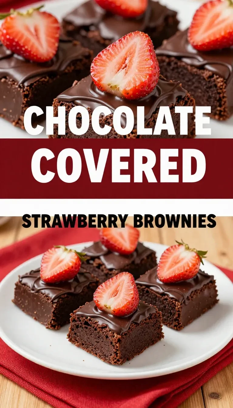 A close-up of chocolate-covered strawberry brownies on a white plate.