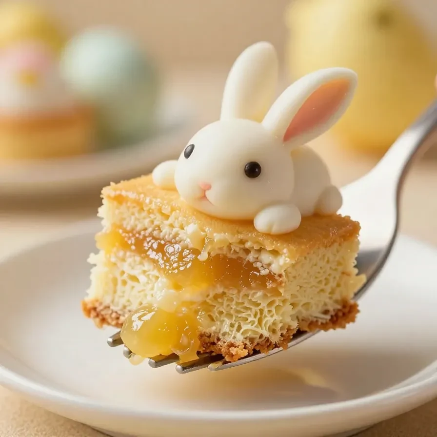 A homemade Easter Bunny cake decorated with pastel-colored frosting and candy details.