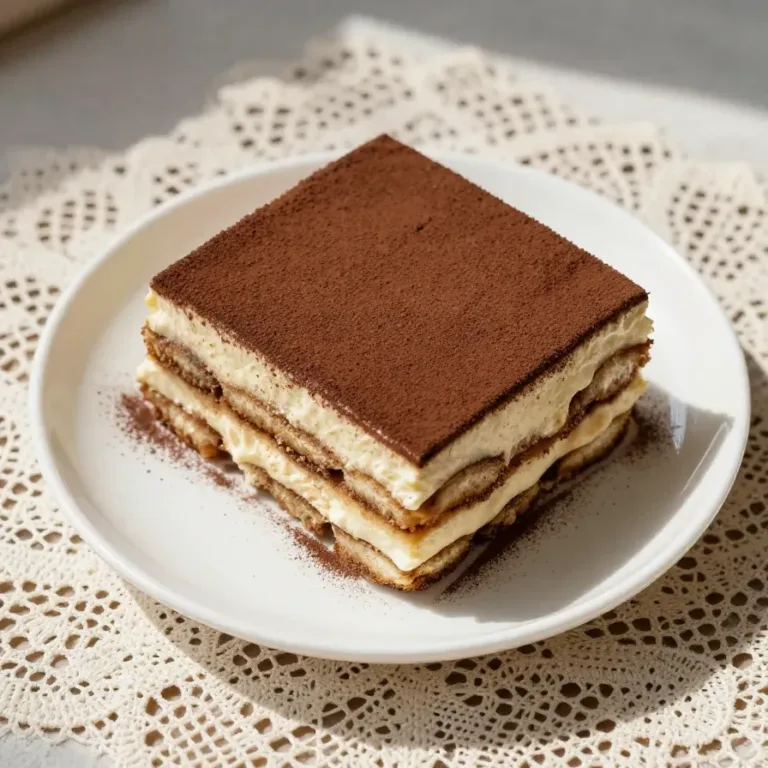 Italian Tiramisu Recipe A close-up view of a homemade Italian tiramisu dessert served in a glass dish.