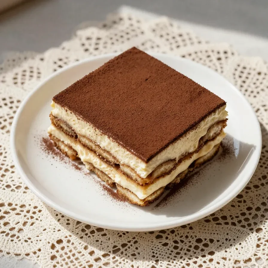 A close-up view of a homemade Italian tiramisu dessert served in a glass dish.