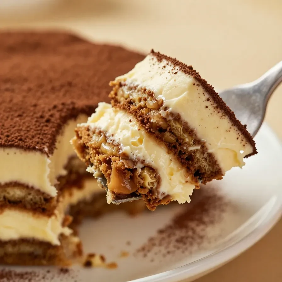 A close-up view of a homemade Italian tiramisu dessert served in a glass dish.