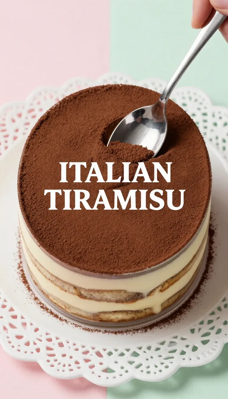 A close-up view of a homemade Italian tiramisu dessert served in a glass dish.