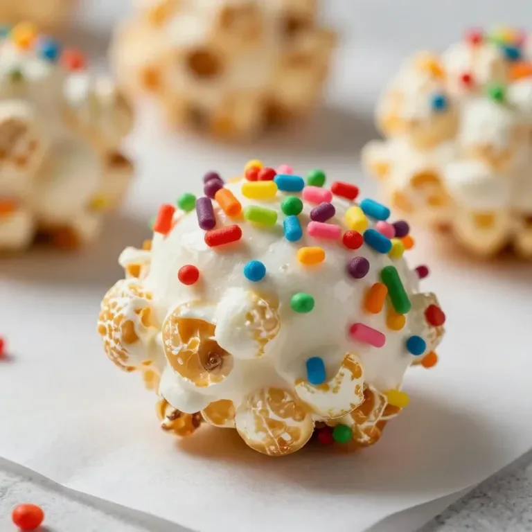 Homemade Funfetti Marshmallow Popcorn Treats Recipe A bowl of colorful homemade Funfetti marshmallow popcorn treats, topped with rainbow sprinkles.