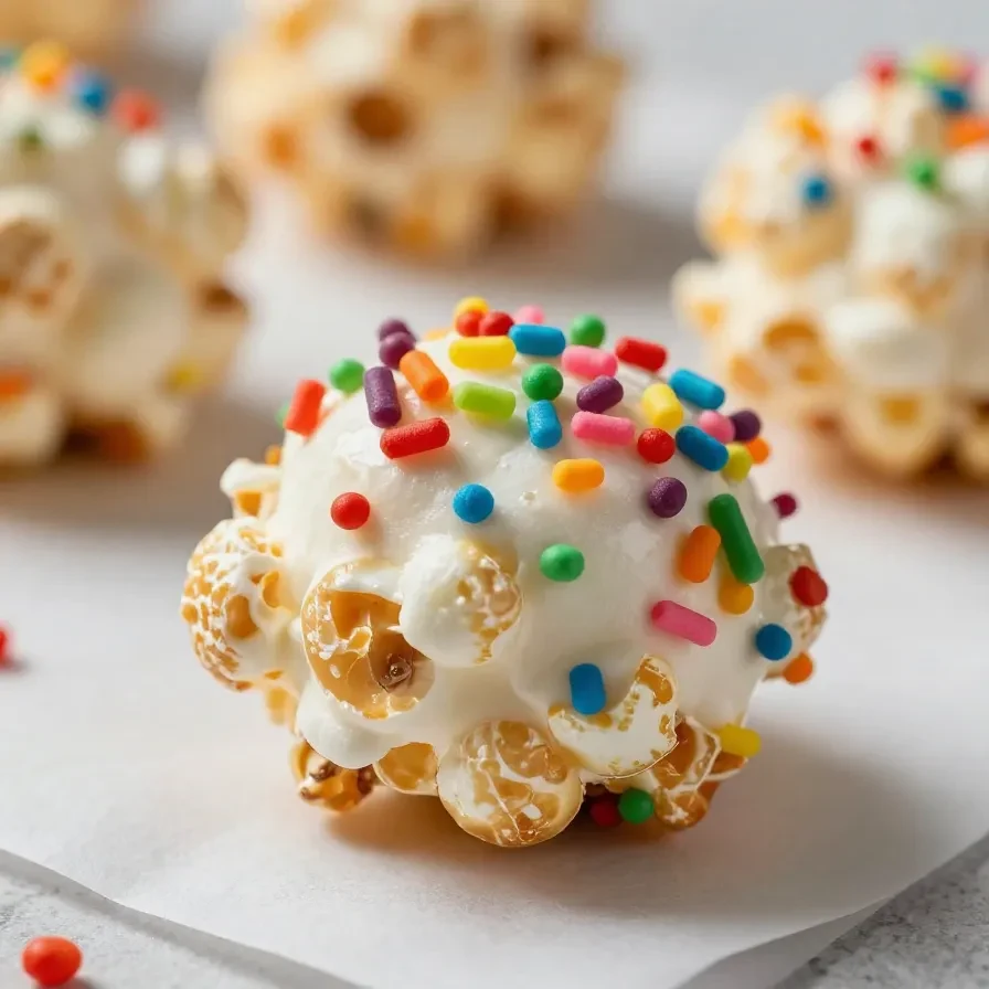 A bowl of colorful homemade Funfetti marshmallow popcorn treats, topped with rainbow sprinkles.
