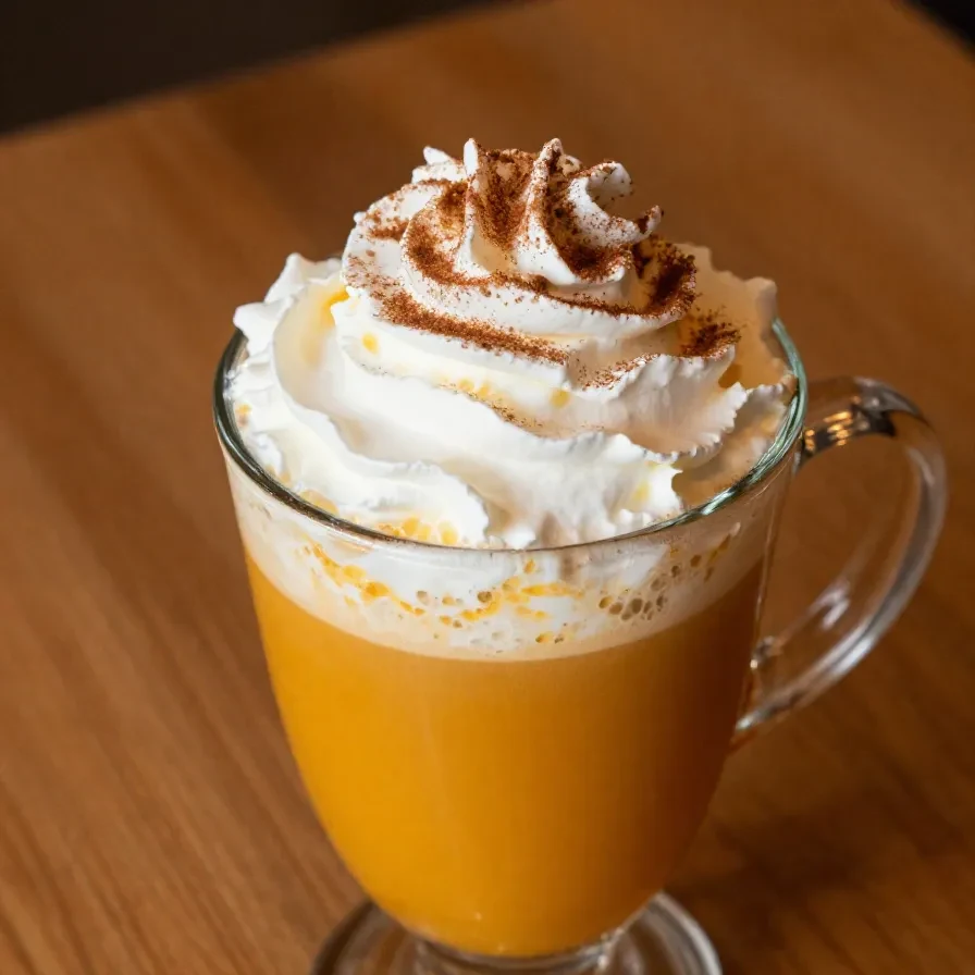 A homemade pumpkin spice latte served in a white ceramic mug, topped with whipped cream and a sprinkle of cinnamon.