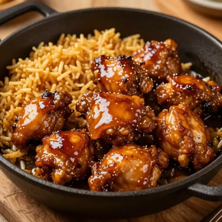 A plate of honey BBQ chicken served with fluffy white rice, garnished with green onions.
