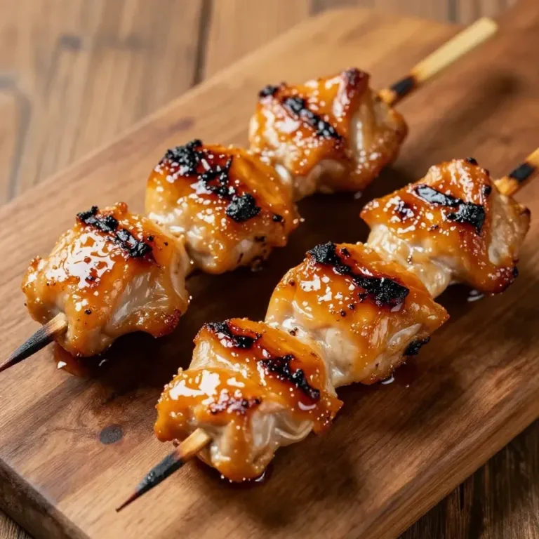 Close-up of grilled Thai chicken skewers served on a plate with fresh herbs and lime wedges.