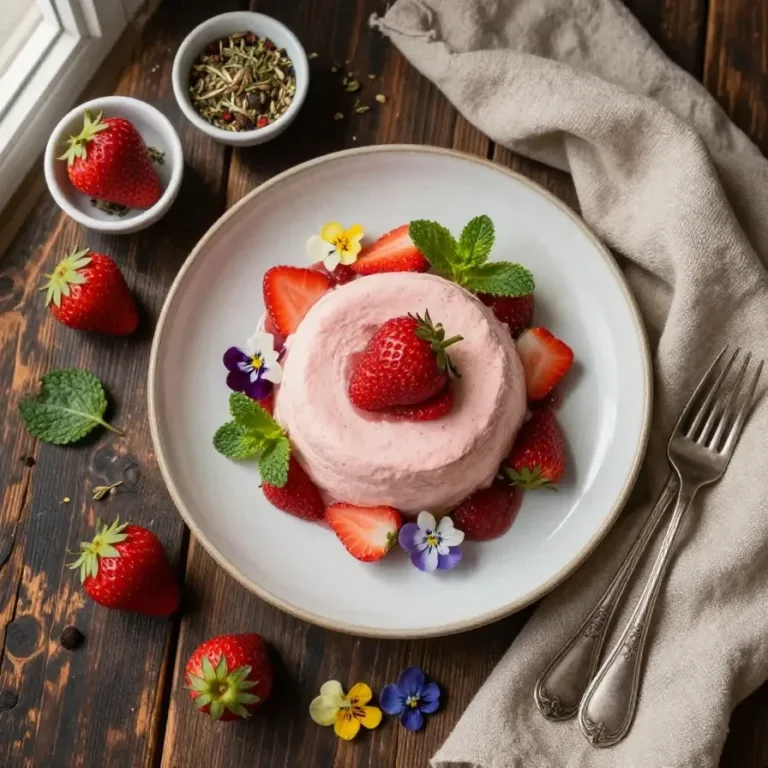 A glass filled with fluffy strawberry mousse topped with fresh strawberries and mint leaves.