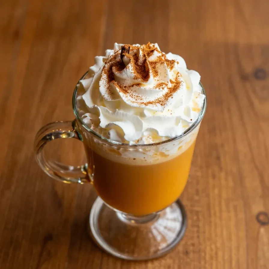 A homemade pumpkin spice latte served in a white ceramic mug, topped with whipped cream and a sprinkle of cinnamon.