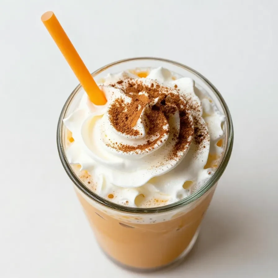 A refreshing iced pumpkin spice latte served in a glass with whipped cream and cinnamon garnish.