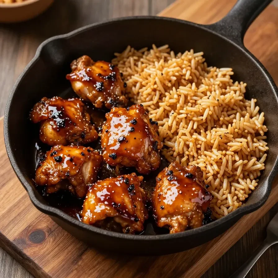 A plate of honey BBQ chicken served with fluffy white rice, garnished with green onions.