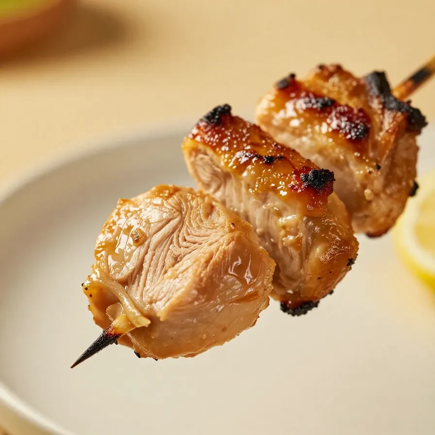 Close-up of grilled Thai chicken skewers served on a plate with fresh herbs and lime wedges.