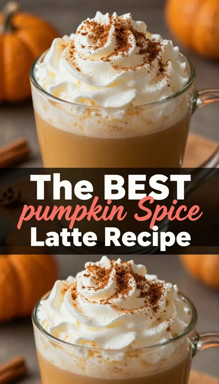 A homemade pumpkin spice latte served in a white ceramic mug, topped with whipped cream and a sprinkle of cinnamon.