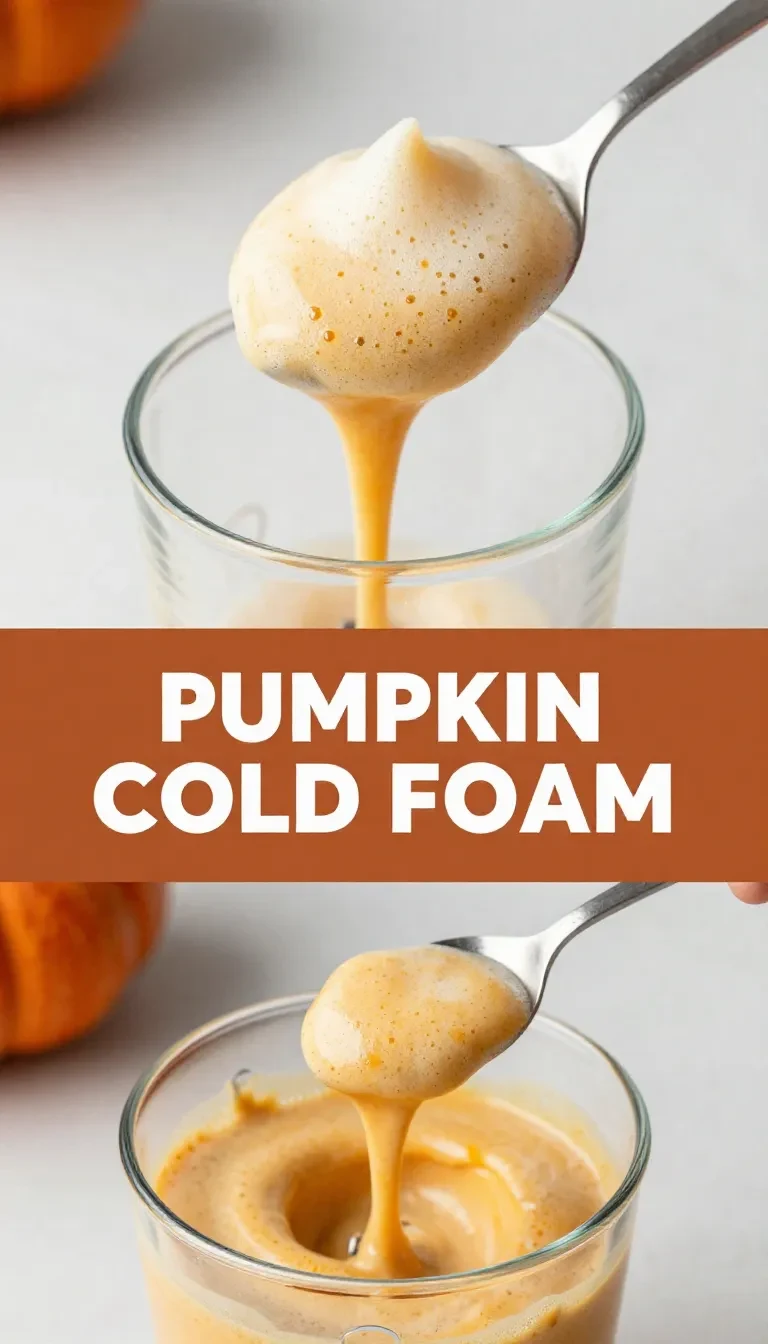 A glass of iced coffee topped with creamy pumpkin cold foam on a wooden table.