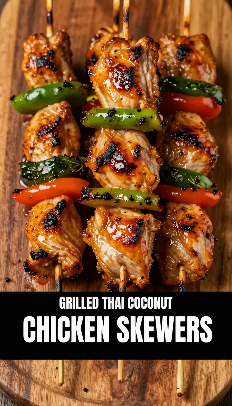 Close-up of grilled Thai chicken skewers served on a plate with fresh herbs and lime wedges.
