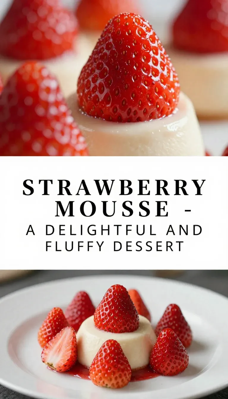 A glass filled with fluffy strawberry mousse topped with fresh strawberries and mint leaves.