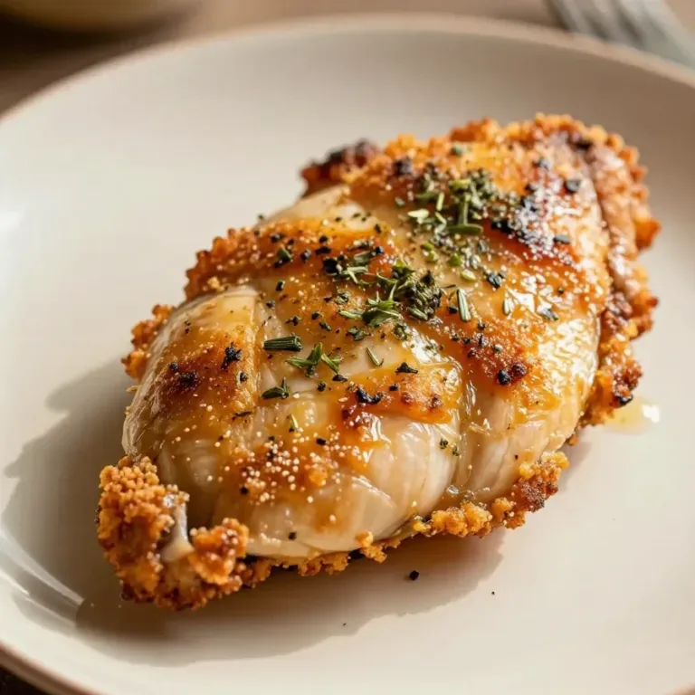 Golden-brown pan-seared chicken breasts served on a white plate with fresh herbs.