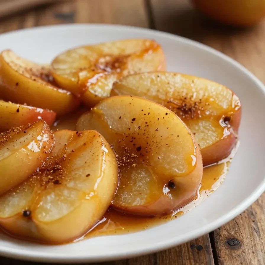Close-up of warm cinnamon fried apples served in a bowl.