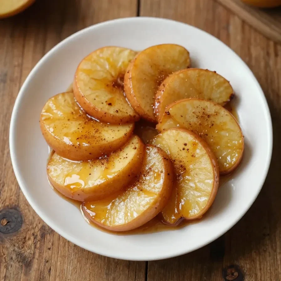 Close-up of warm cinnamon fried apples served in a bowl.