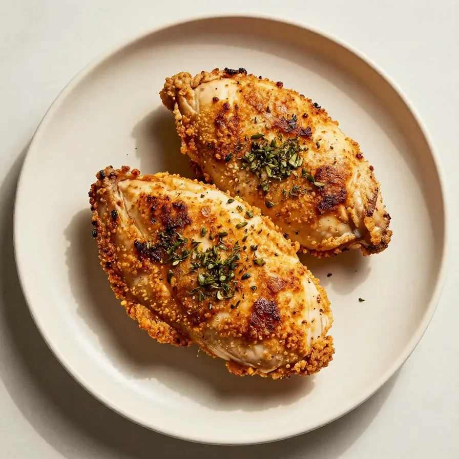 Golden-brown pan-seared chicken breasts served on a white plate with fresh herbs.