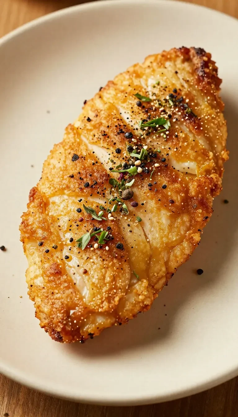 Golden-brown pan-seared chicken breasts served on a white plate with fresh herbs.