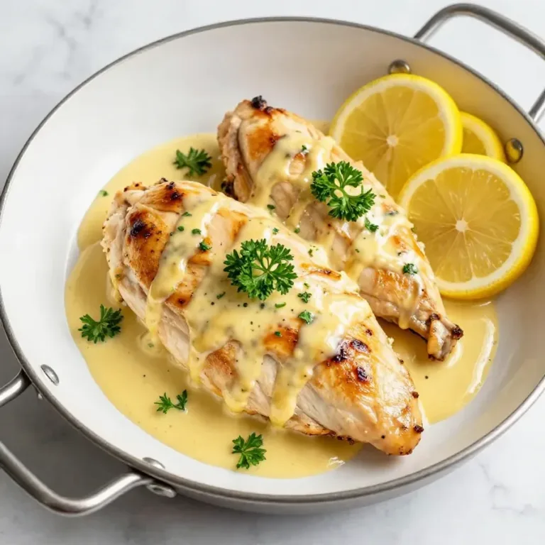 A plate of lemon chicken topped with creamy lemon butter sauce, garnished with fresh parsley.
