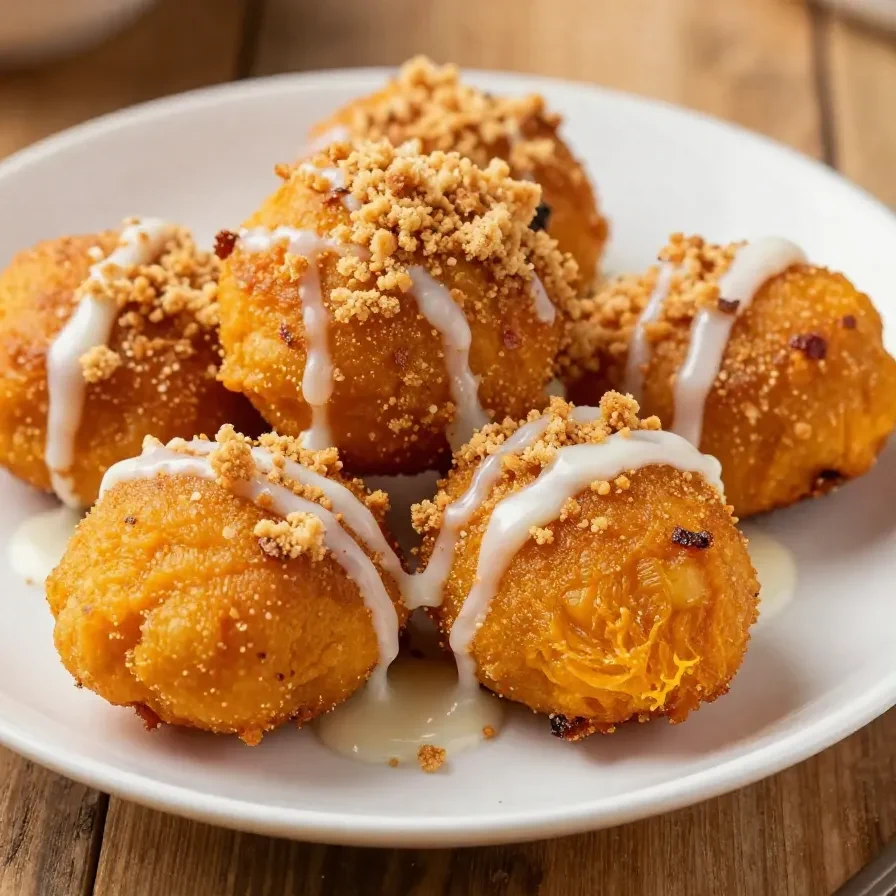 Golden brown baked pumpkin fritter bites served on a plate.