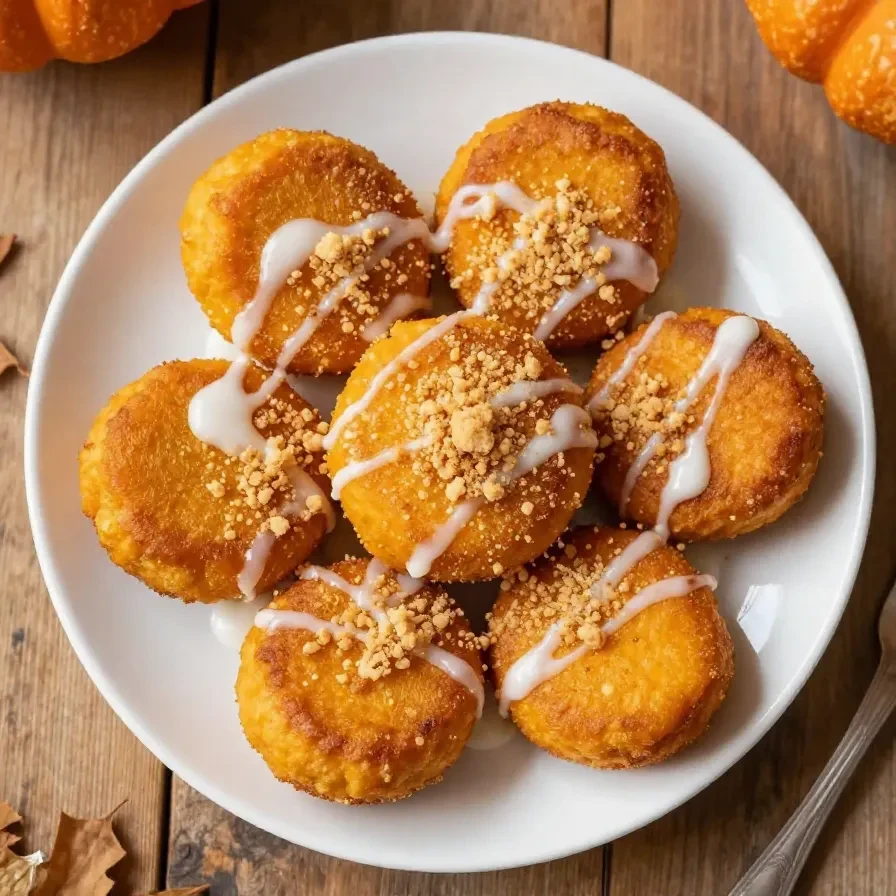 Golden brown baked pumpkin fritter bites served on a plate.