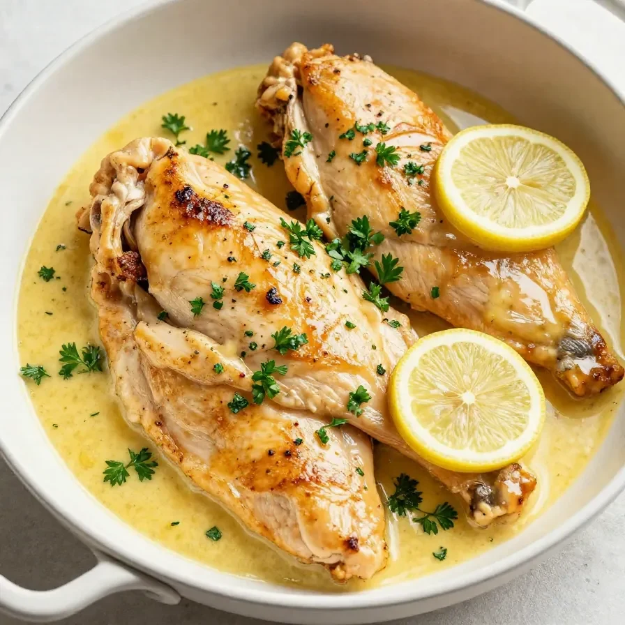 A plate of lemon chicken topped with creamy lemon butter sauce, garnished with fresh parsley.