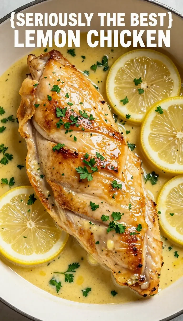 A plate of lemon chicken topped with creamy lemon butter sauce, garnished with fresh parsley.