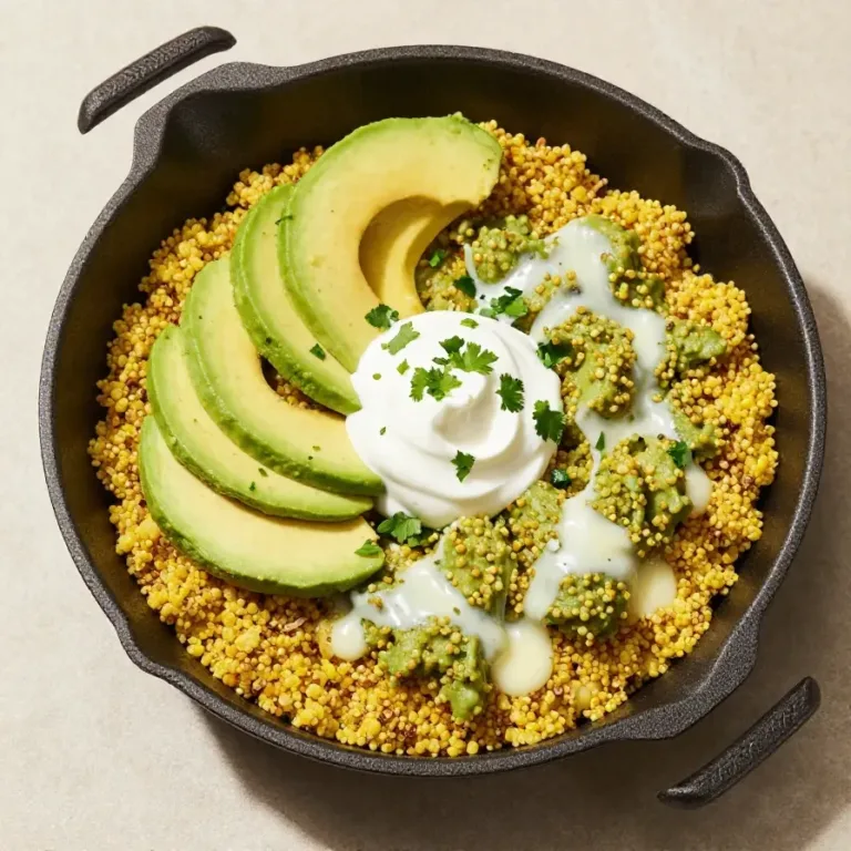 A colorful skillet filled with cheesy quinoa, black beans, and taco-inspired ingredients, garnished with fresh cilantro.
