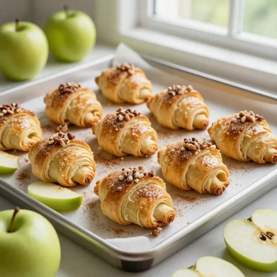 Close-up of freshly baked apple pie bites on a wooden table.
