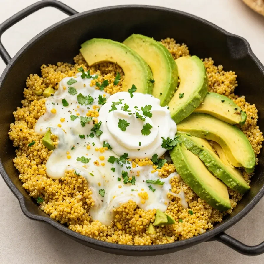 A colorful skillet filled with cheesy quinoa, black beans, and taco-inspired ingredients, garnished with fresh cilantro.